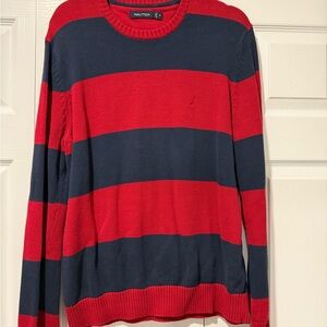 Nautica Men's Red and Navy Striped Sweater